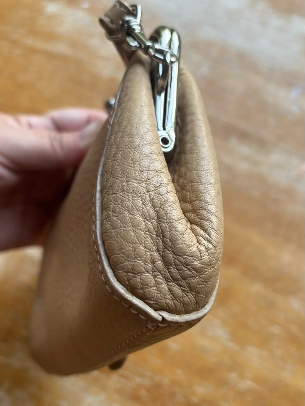Talbots Taupe Pebble 100% Leather Wristlet Kisslock Clutch